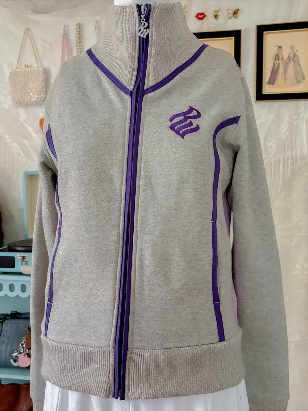 Vintage Y2K sporty casual hip hop girly grey purple zip up jacket - Picture 3 of 6